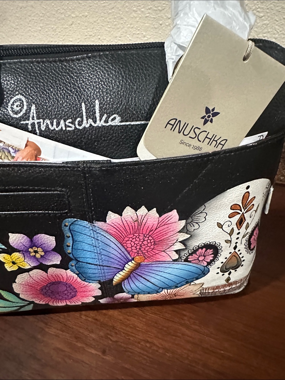 Anuschka Black Hand-Painted Leather Tote with Colorful Butterfly & Floral Design - Picture 2 of 7